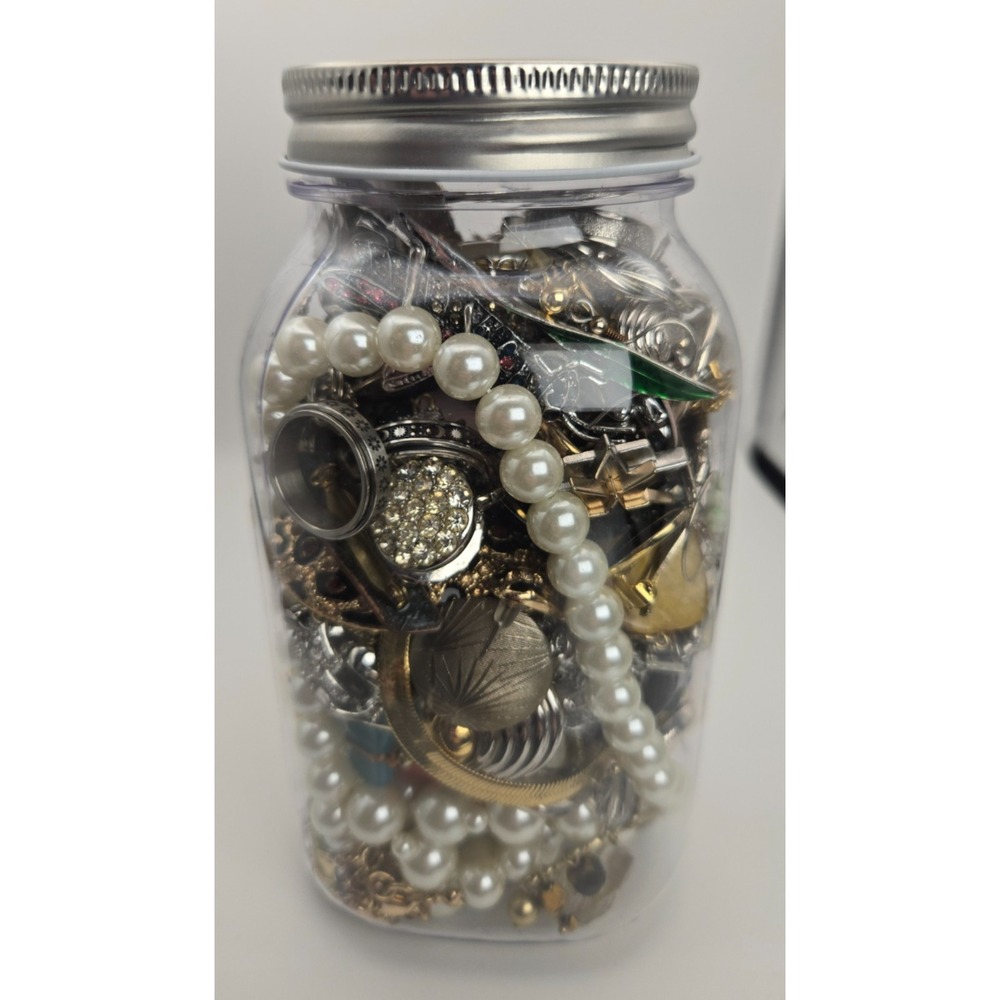 Mystery Vintage Modern Mixed Jewelry Jar 2 lbs 6.1 oz wearable! w/brooches rings